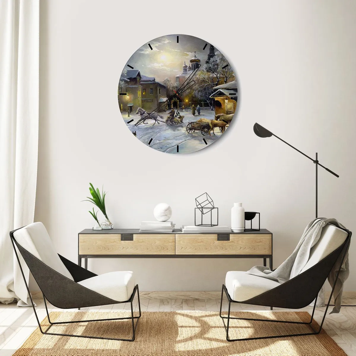 Väggklocka - Klocka på glas - Vinterlandskap med hästar och en kyrka i bakgrunden - 30x30cm - Ryska vinterns magi - Modern väggdekoration för vardagsrum, kök och sovrum ARTTOR