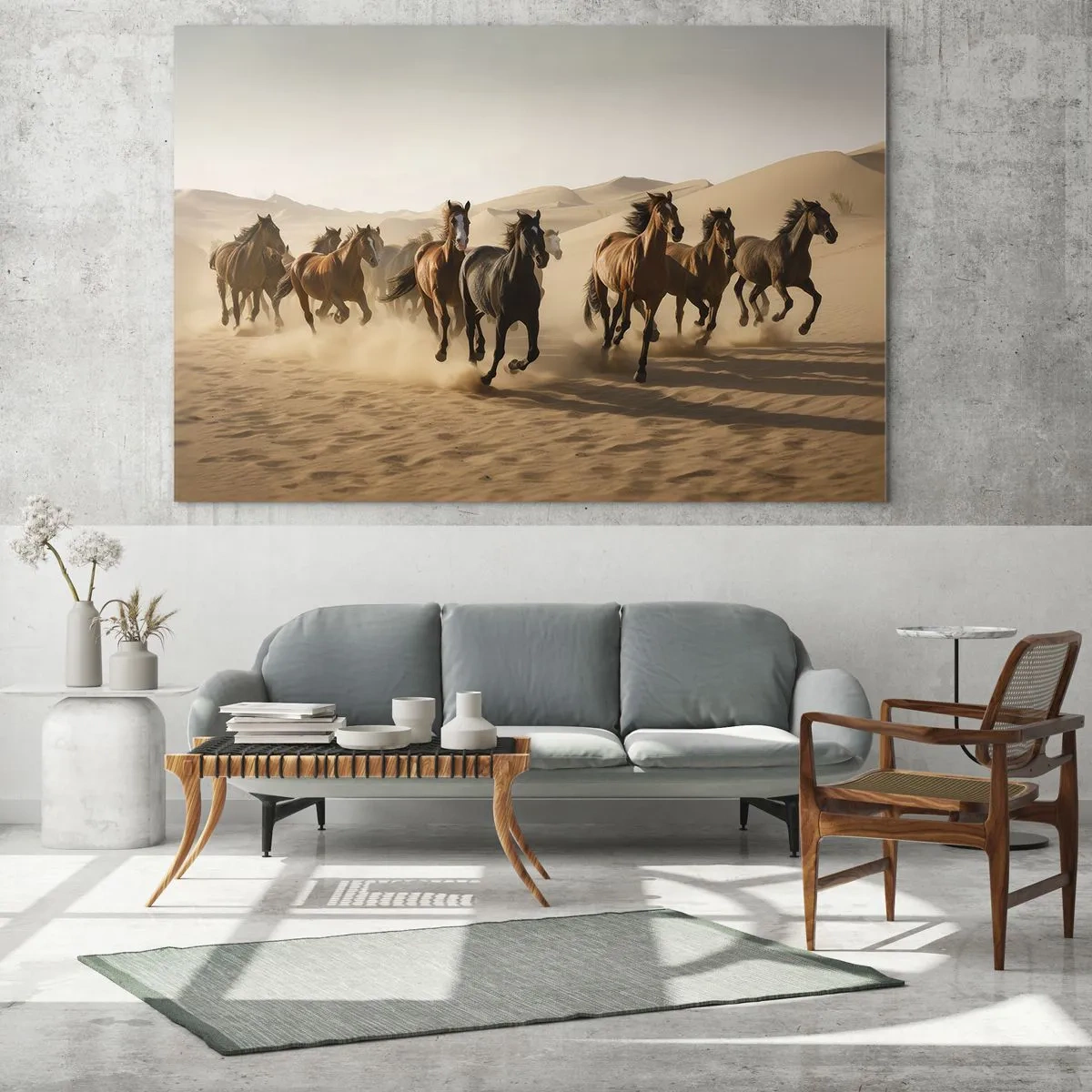 Glastavla - Bild på glas - En flock galopperande hästar i öknen bland sanddynerna - 70x50cm - Fri som vinden - Modern väggdekoration för vardagsrum och sovrum ARTTOR
