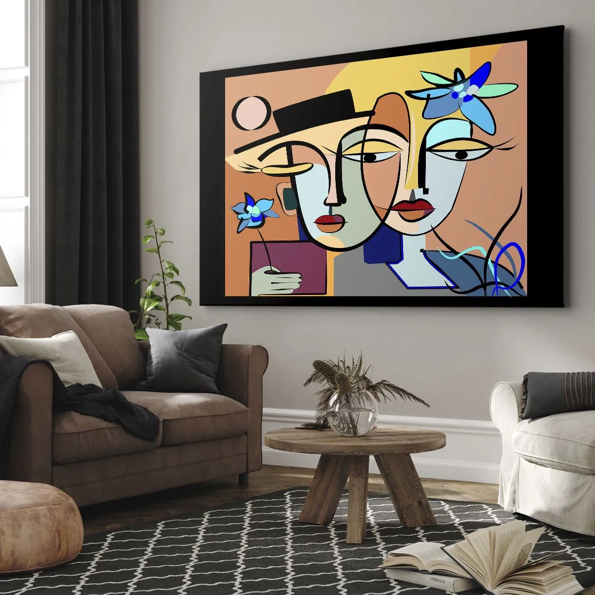 Canvastavla - Bild på duk - Kubistiska porträtt i livfulla färger med blommotiv - 70x50cm - Picassos randez vous - Modern väggdekoration för vardagsrum och sovrum ARTTOR