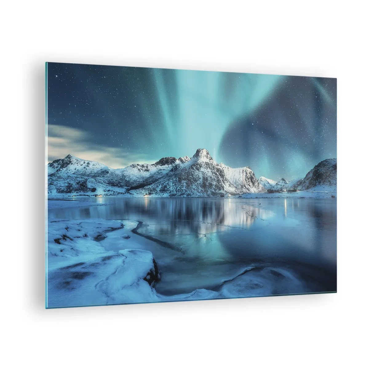 Glastavla - Bild på glas - Aurora Borealis över de snötäckta bergen - 70x50cm - Ljusets natt - Modern väggdekoration för vardagsrum och sovrum ARTTOR