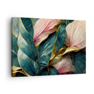 Canvastavla - Bild på duk - Eleganta blad i grönt, guld och rosa - 70x50cm - Naturlig elegans och stil - Modern väggdekoration för vardagsrum och sovrum ARTTOR