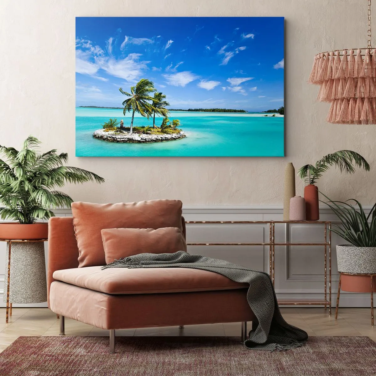 Canvastavla - Bild på duk - En exotisk ö med palmer på turkost vatten - 70x50cm - Paradis på jorden - Modern väggdekoration för vardagsrum och sovrum ARTTOR