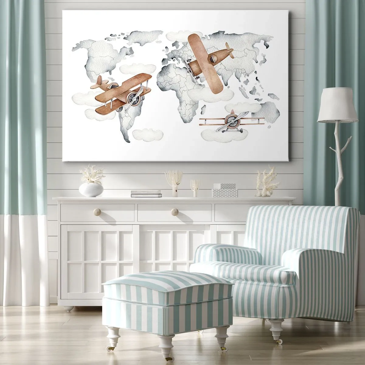 Canvastavla - Bild på duk - Illustration av en världskarta med flygplan - 70x50cm - I den banbrytande andan - Modern väggdekoration för vardagsrum och sovrum ARTTOR