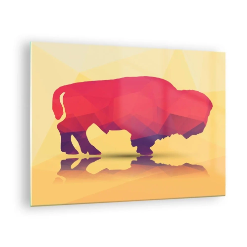 Glastavla - Bild på glas - Geometrisk bison i varma färger - 70x50cm - Visentens amaranta styrka - Modern väggdekoration för vardagsrum och sovrum ARTTOR