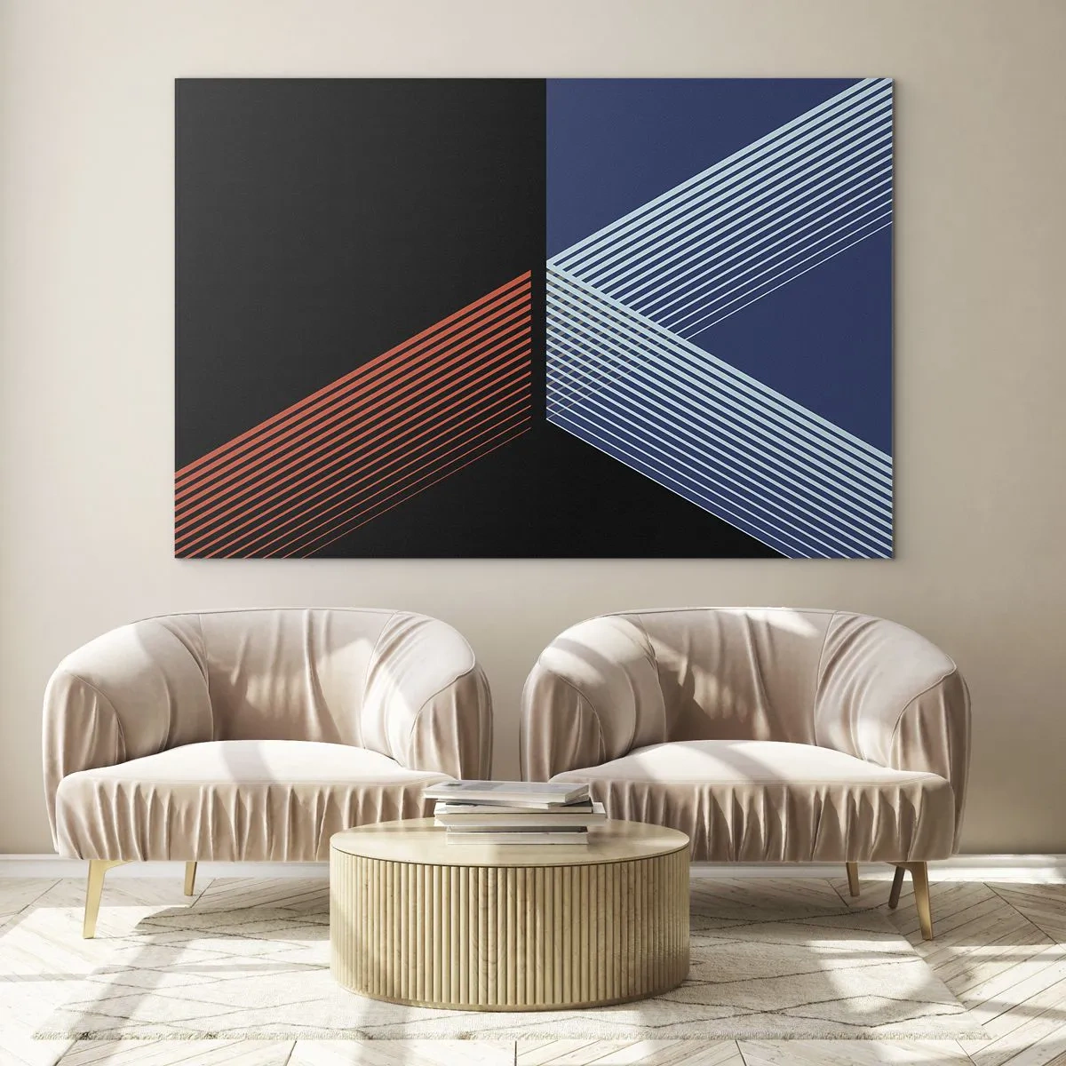 Glastavla - Bild på glas - En modern geometrisk komposition med linjer och färgkontrast. - 70x50cm - Enkel historia - Modern väggdekoration för vardagsrum och sovrum ARTTOR