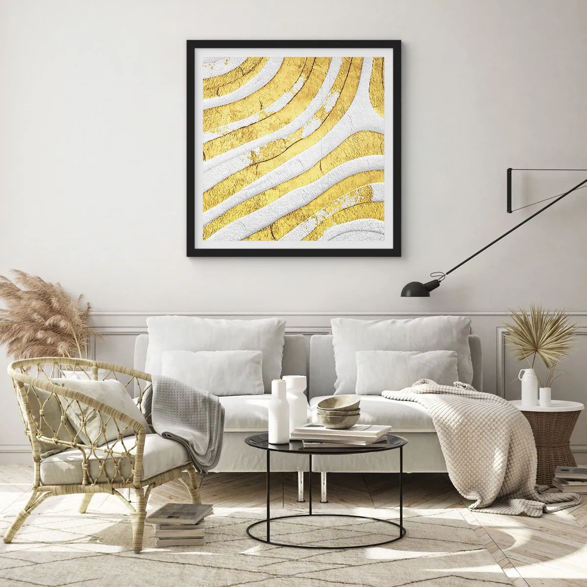 Affisch i svart ram - Komposition i vitt och guld - 40x40 cm