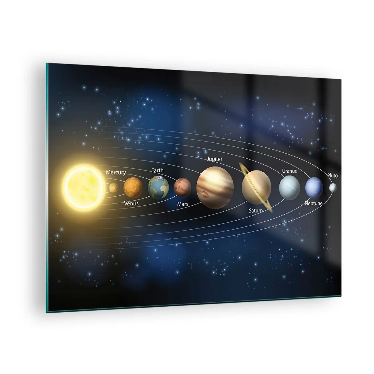 Glastavla - Bild på glas - Solsystemet med planeter och stjärnor i bakgrunden - 70x50cm - En av tio - Modern väggdekoration för vardagsrum och sovrum ARTTOR