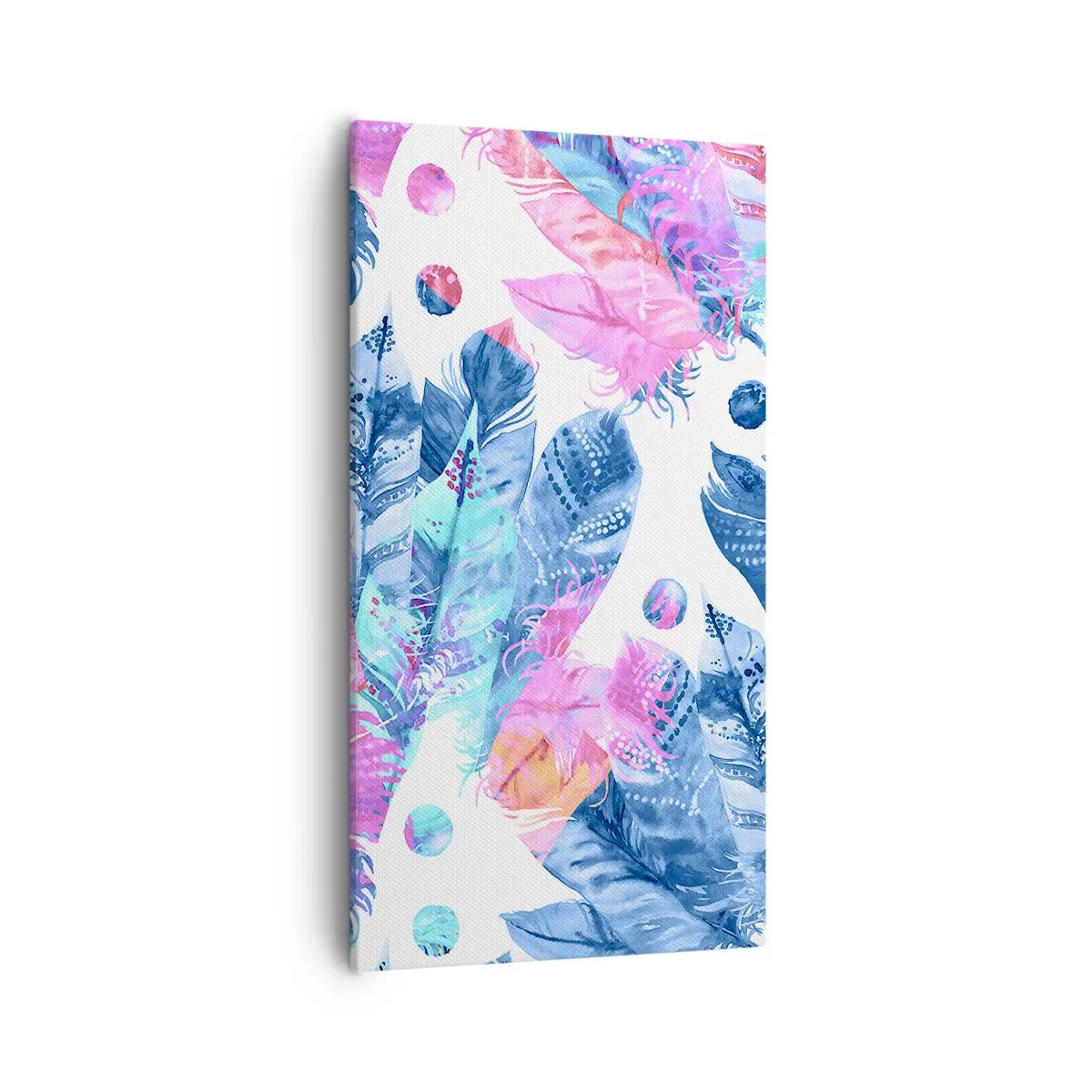 Canvastavla - Bild på duk - Fjädrar i vitt och blått - 55x100 cm