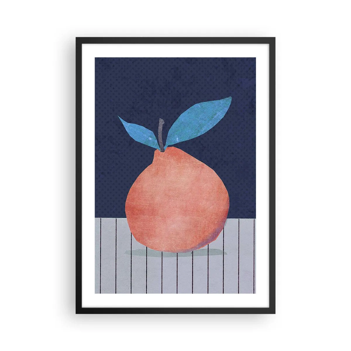 Affisch i svart ram - En minimalistisk illustration av en apelsin på en marinblå bakgrund - 50x70cm - Konvexitet och planhet - Modern väggdekoration för vardagsrum och sovrum ARTTOR
