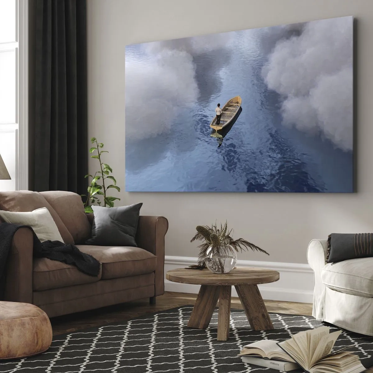 Canvastavla - Bild på duk - En man i en båt på ett lugnt hav omgivet av moln - 70x50cm - Livet - resan - det okända - Modern väggdekoration för vardagsrum och sovrum ARTTOR