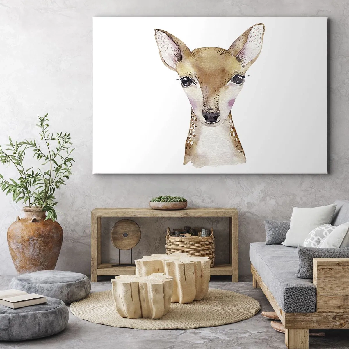 Canvastavla - Bild på duk - Akvarellporträtt av en ung rådjur på vit bakgrund - 70x50cm - Oskuldens natur - Modern väggdekoration för vardagsrum och sovrum ARTTOR