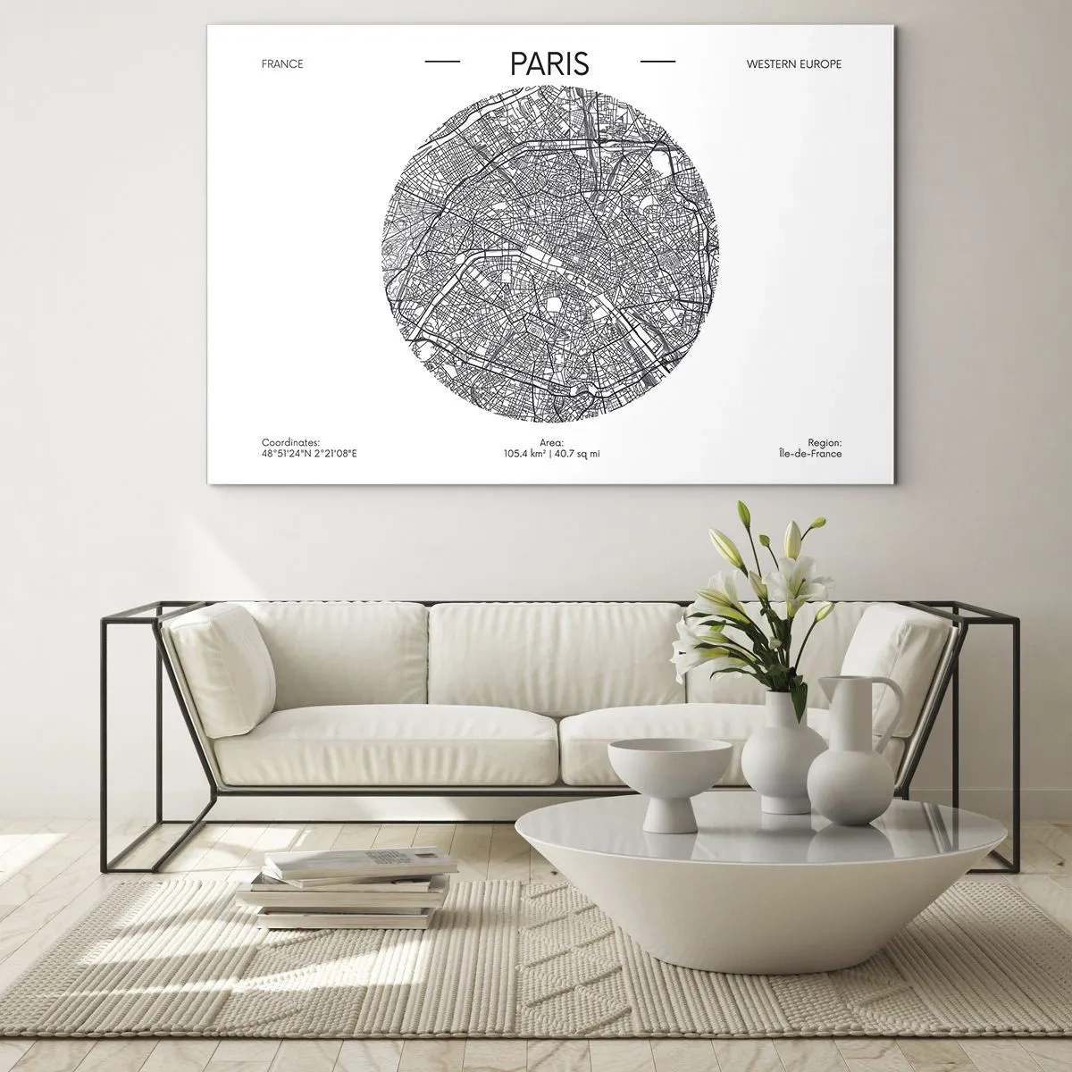 Glastavla - Bild på glas - En cirkulär karta över Paris i svartvit illustration - 70x50cm - Paris anatomi - Modern väggdekoration för vardagsrum och sovrum ARTTOR