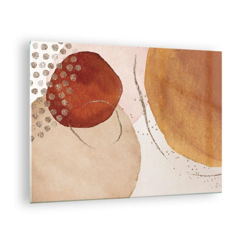 Glastavla - Bild på glas - Abstrakta cirklar i nyanser av beige, koppar och guld - 70x50cm - Rundhet och rörelse - Modern väggdekoration för vardagsrum och sovrum ARTTOR