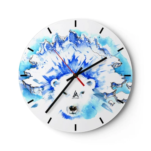 Väggklocka - Klocka på glas - En vit björn med en isig krona i blå och vita toner - 30x30cm - Arktis kung i iskrona - Modern väggdekoration för vardagsrum, kök och sovrum ARTTOR