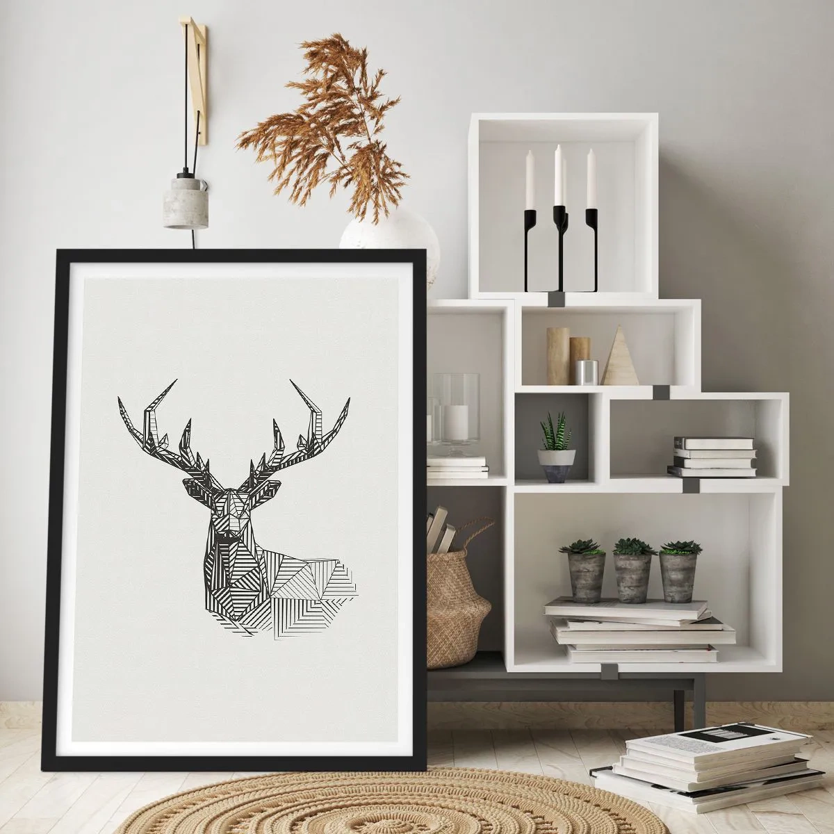 Affisch i svart ram - Geometrisk silhuett av en hjort i svartvit stil - 50x70cm - Hjort i kubistisk stil - Modern väggdekoration för vardagsrum och sovrum ARTTOR