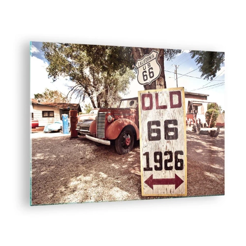 Glastavla - Bild på glas - Oldtimer och retro Route 66-skylt - 70x50cm - Amerikanska provinsens legend - Modern väggdekoration för vardagsrum och sovrum ARTTOR