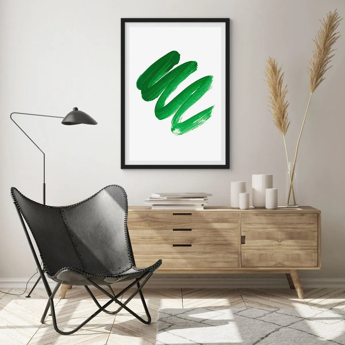 Affisch i svart ram - Minimalistiska gröna penseldrag på vit bakgrund - 50x70cm - Ett grönt skämt - Modern väggdekoration för vardagsrum och sovrum ARTTOR