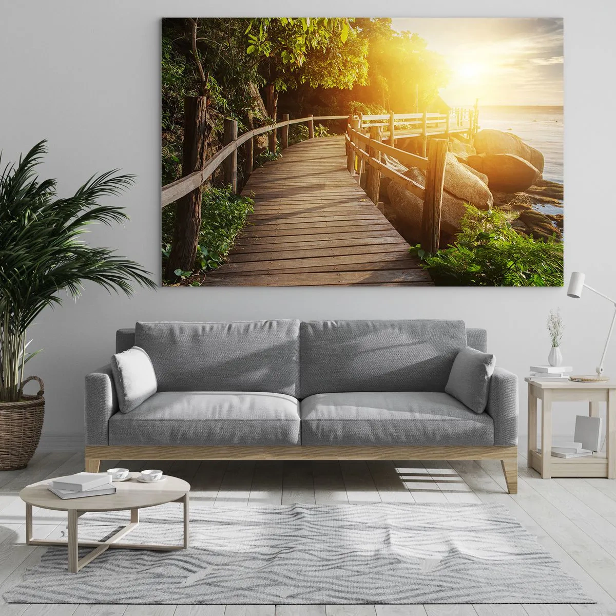 Glastavla - Bild på glas - En trästig bland träden vid havet i ljuset av solnedgången - 70x50cm - Nästa kurva, nästa underverk - Modern väggdekoration för vardagsrum och sovrum ARTTOR