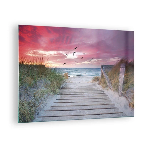 Glastavla - Bild på glas - Vägen till stranden vid solnedgången med flygande fåglar - 70x50cm - Östersjöimpression - Modern väggdekoration för vardagsrum och sovrum ARTTOR