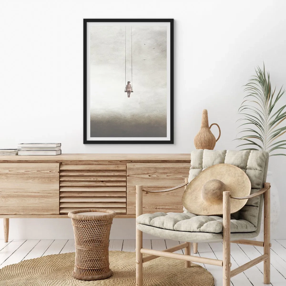 Affisch i svart ram - En figur på en gunga som svävar i rymden - 50x70cm - Barn i oss - Modern väggdekoration för vardagsrum och sovrum ARTTOR