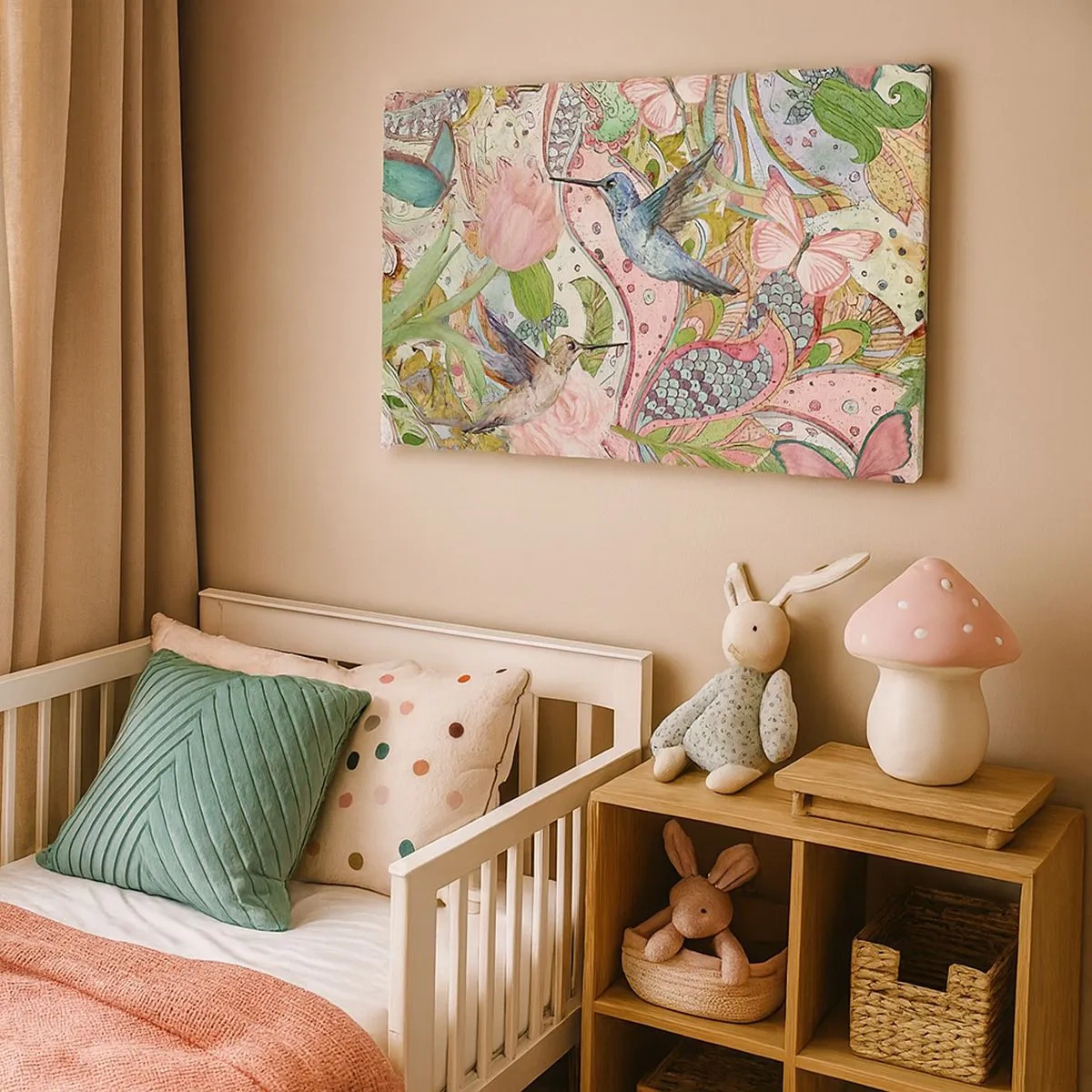 Canvastavla - Bild på duk - Färgglada kolibrier och fjärilar bland växterna - 70x50cm - Inbäddade i klätterväxter - Modern väggdekoration för vardagsrum och sovrum ARTTOR