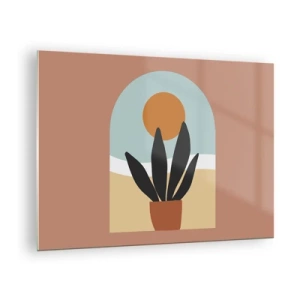 Glastavla - Bild på glas - En abstrakt scen med en krukväxt och solen i bakgrunden, i pastellfärger. - 70x50cm - Små glädje - Modern väggdekoration för vardagsrum och sovrum ARTTOR