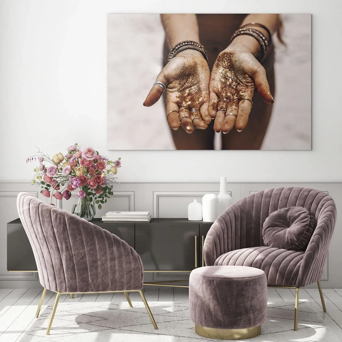 Glastavla - Bild på glas - Öppna händer med glitter i varmt ljus - 70x50cm - Gåva för dig - Modern väggdekoration för vardagsrum och sovrum ARTTOR