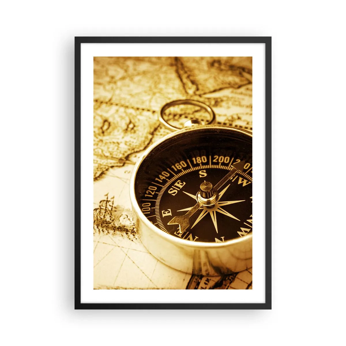 Affisch i svart ram - En kompass på en sepia-tonad kartbakgrund - 50x70cm - Västerut eller österut? - Modern väggdekoration för vardagsrum och sovrum ARTTOR
