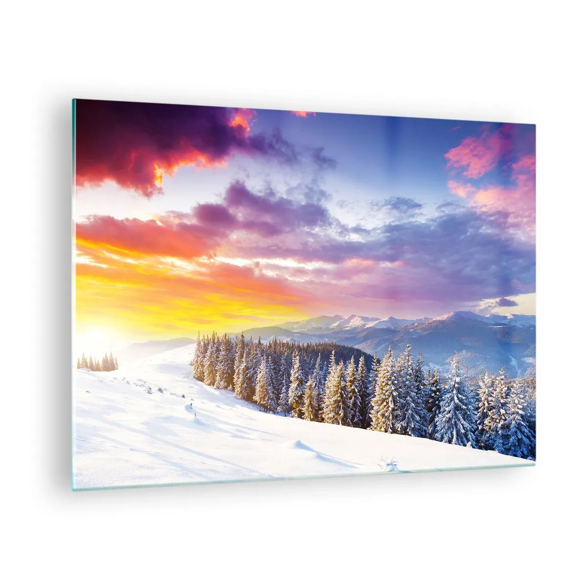 Glastavla - Bild på glas - Vinterbergslandskap med snötäckta träd och en färgglad himmel - 70x50cm - Mitt på blanka dagen - Modern väggdekoration för vardagsrum och sovrum ARTTOR