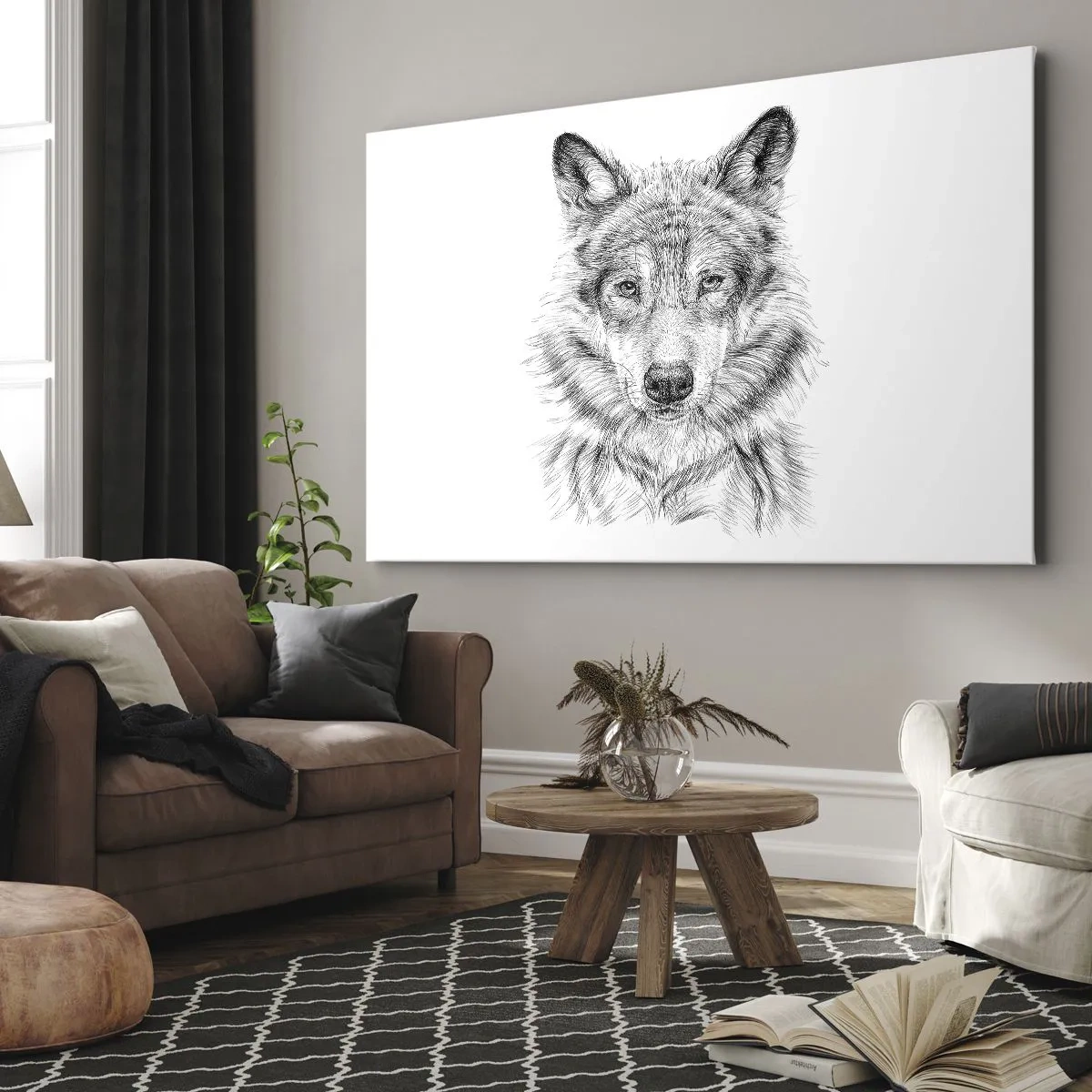 Canvastavla - Bild på duk - Skiss av ett varghuvud i monokrom stil på vit bakgrund - 70x50cm - En född ledare - Modern väggdekoration för vardagsrum och sovrum ARTTOR
