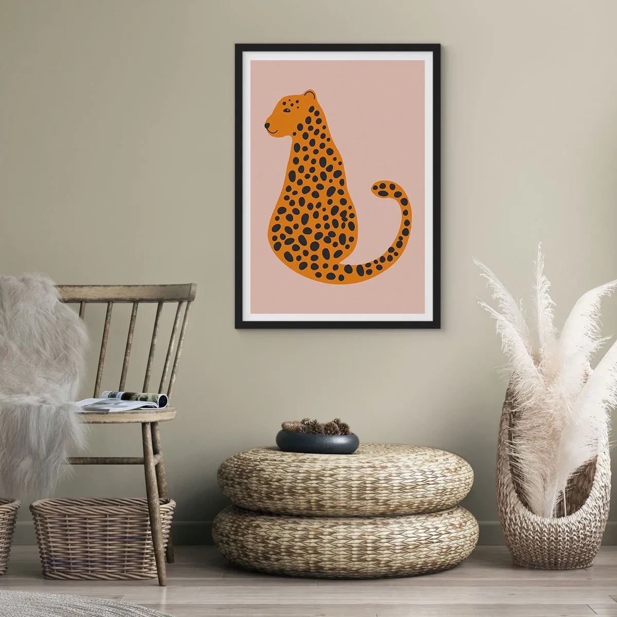 Affisch i svart ram - Minimalistisk gepard på beige bakgrund - 50x70cm - Pantermönster är inne - Modern väggdekoration för vardagsrum och sovrum ARTTOR