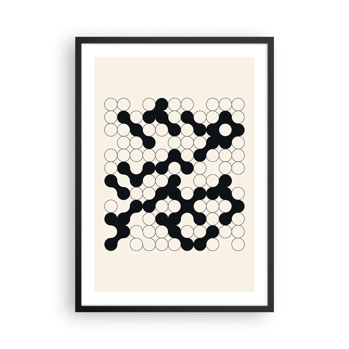 Affisch i svart ram - Geometrisk komposition av svarta och vita cirklar - 50x70cm - Kinesiskt spel - variation - Modern väggdekoration för vardagsrum och sovrum ARTTOR