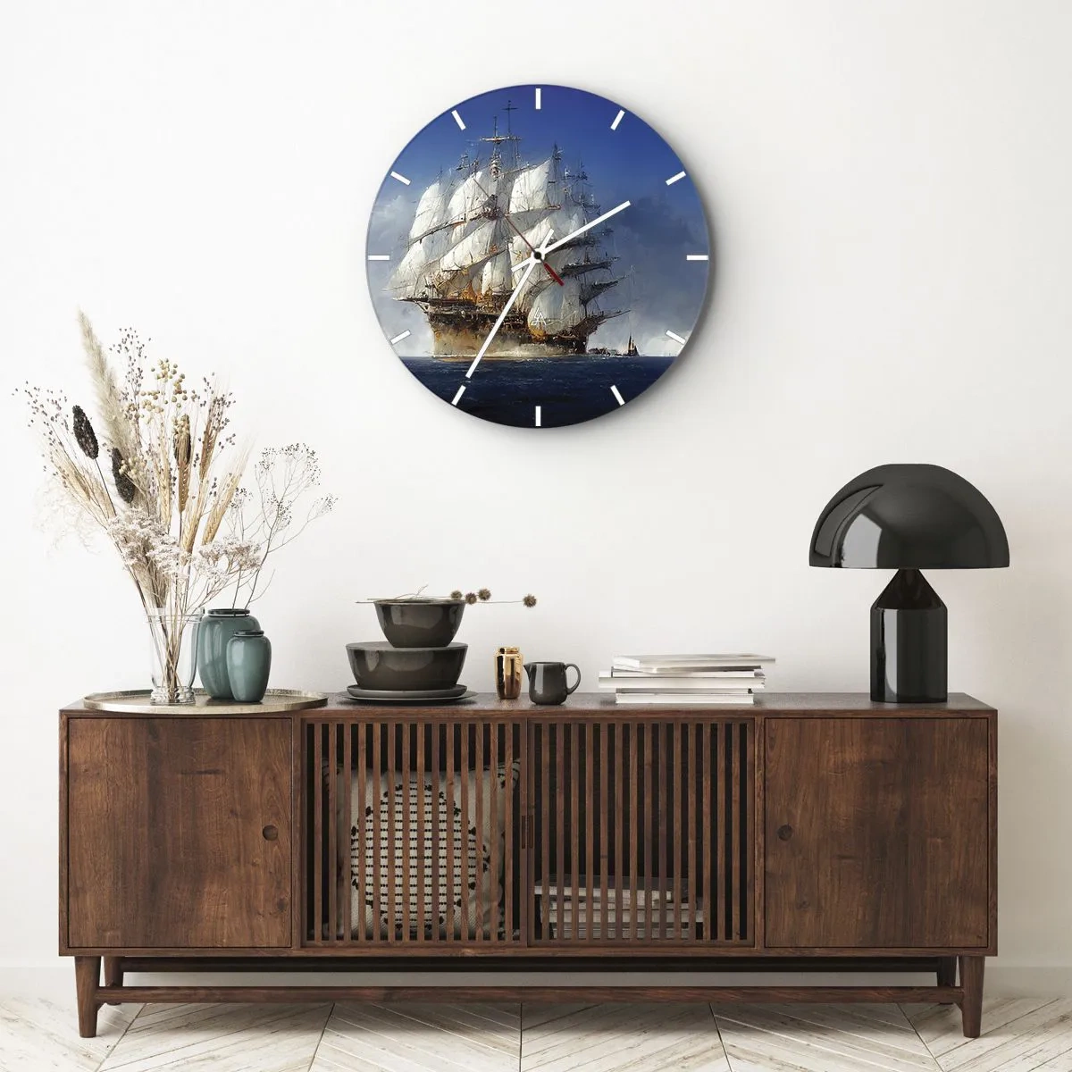 Väggklocka - Klocka på glas - Ett segelskepp med utspända segel, seglar över havet mot vinden. - 30x30cm - The great glory! - Modern väggdekoration för vardagsrum, kök och sovrum ARTTOR
