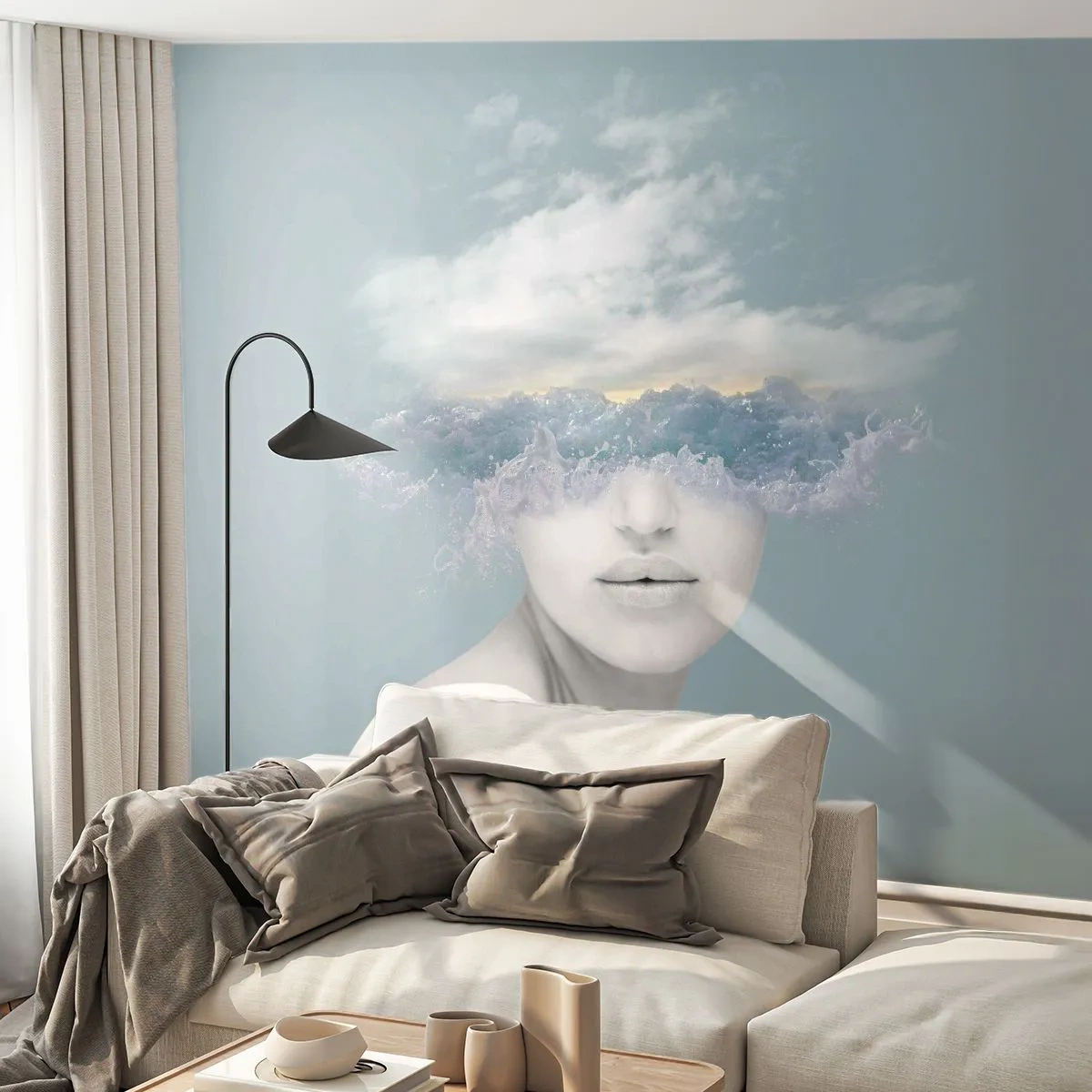 Fototapet Standard Eco - Med huvudet i molnen - Ljus, Porträtt, Moln - 350x256 cm