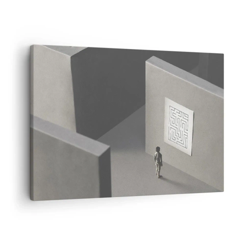 Canvastavla - Bild på duk - En figur i en labyrint som tittar på en hängande karta - 70x50cm - Men var är jag? - Modern väggdekoration för vardagsrum och sovrum ARTTOR