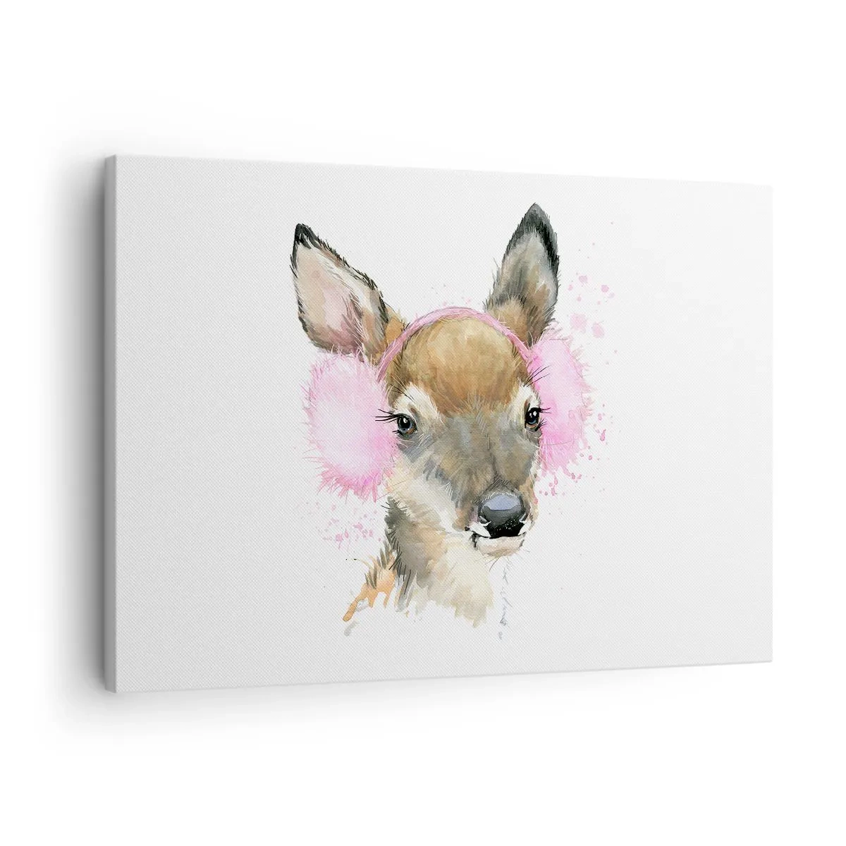 Canvastavla - Bild på duk - Akvarell hjort i rosa öronkåpor - 70x50cm - Kylan är inte längre skrämmande - Modern väggdekoration för vardagsrum och sovrum ARTTOR