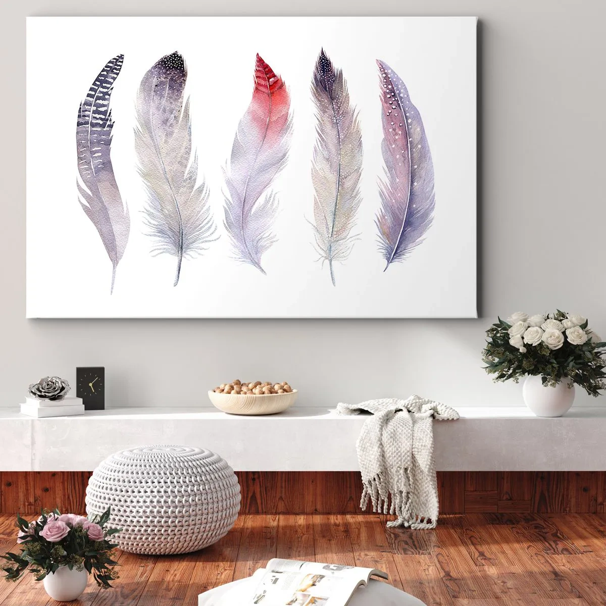 Canvastavla - Bild på duk - Fem fina fjädrar i pastellfärger mot en ljus bakgrund - 70x50cm - Fin som färgrik dimma - Modern väggdekoration för vardagsrum och sovrum ARTTOR