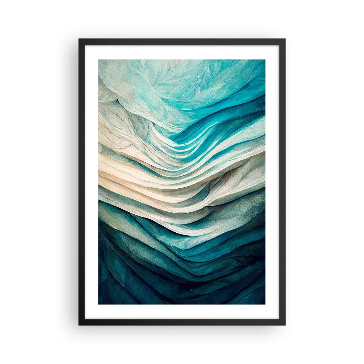 Affisch i svart ram - Abstrakt komposition av vågor i nyanser av blått och beige - 50x70cm - Blå omättlighet - Modern väggdekoration för vardagsrum och sovrum ARTTOR