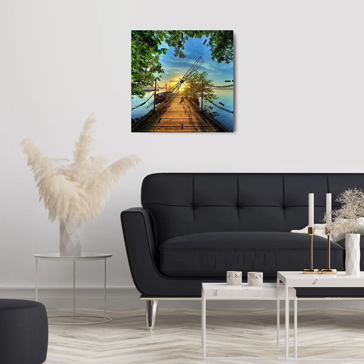 Väggklocka - Klocka på glas - Solnedgång vid vatten - 40x40 cm