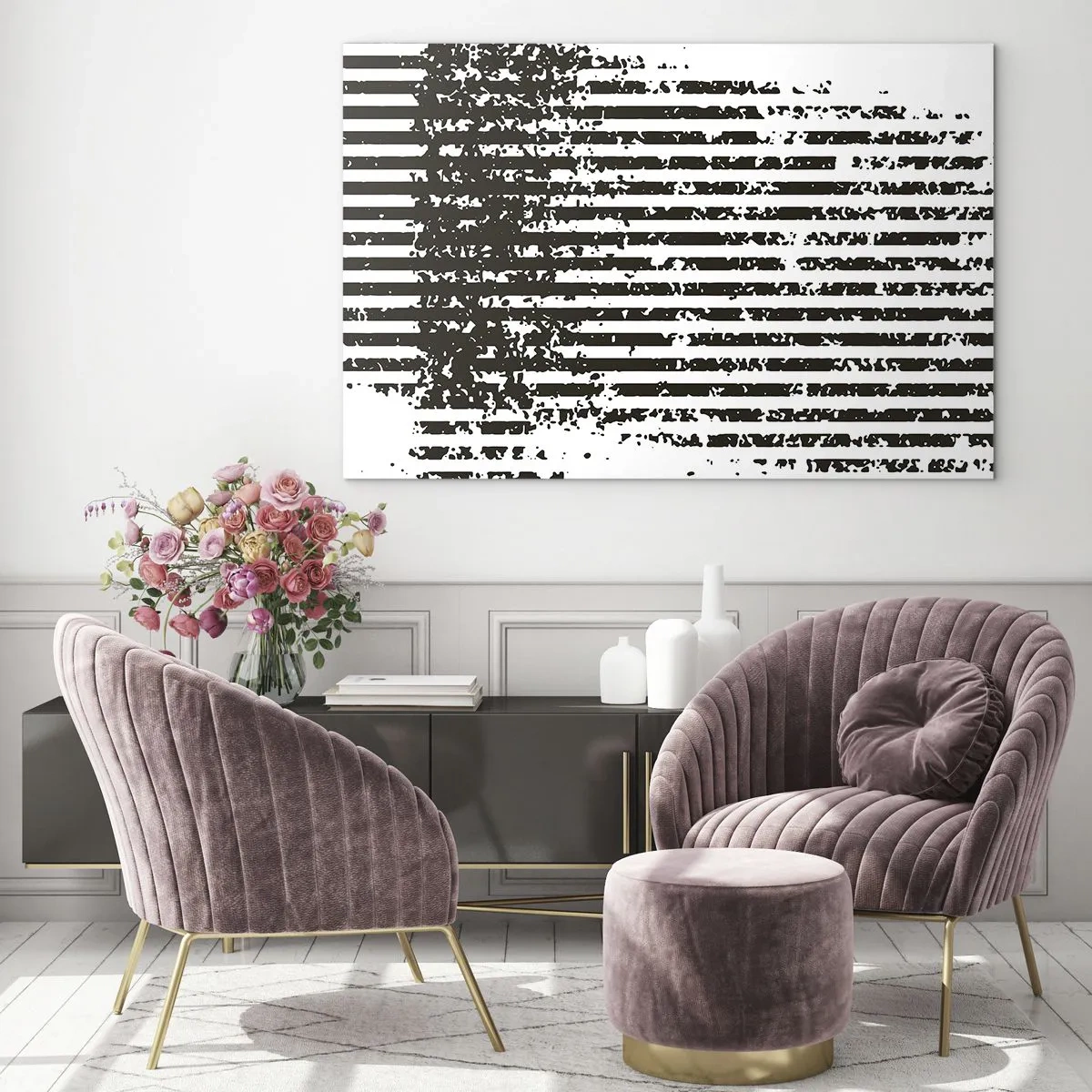 Glastavla - Bild på glas - Svartvita horisontella linjer med brus- och nötningseffekter - 70x50cm - Rytm och brus - Modern väggdekoration för vardagsrum och sovrum ARTTOR
