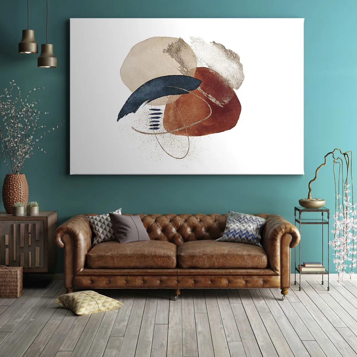 Canvastavla - Bild på duk - En abstrakt komposition med prickar i jordnära och marinblå nyanser. - 70x50cm - Oval komposition - Modern väggdekoration för vardagsrum och sovrum ARTTOR