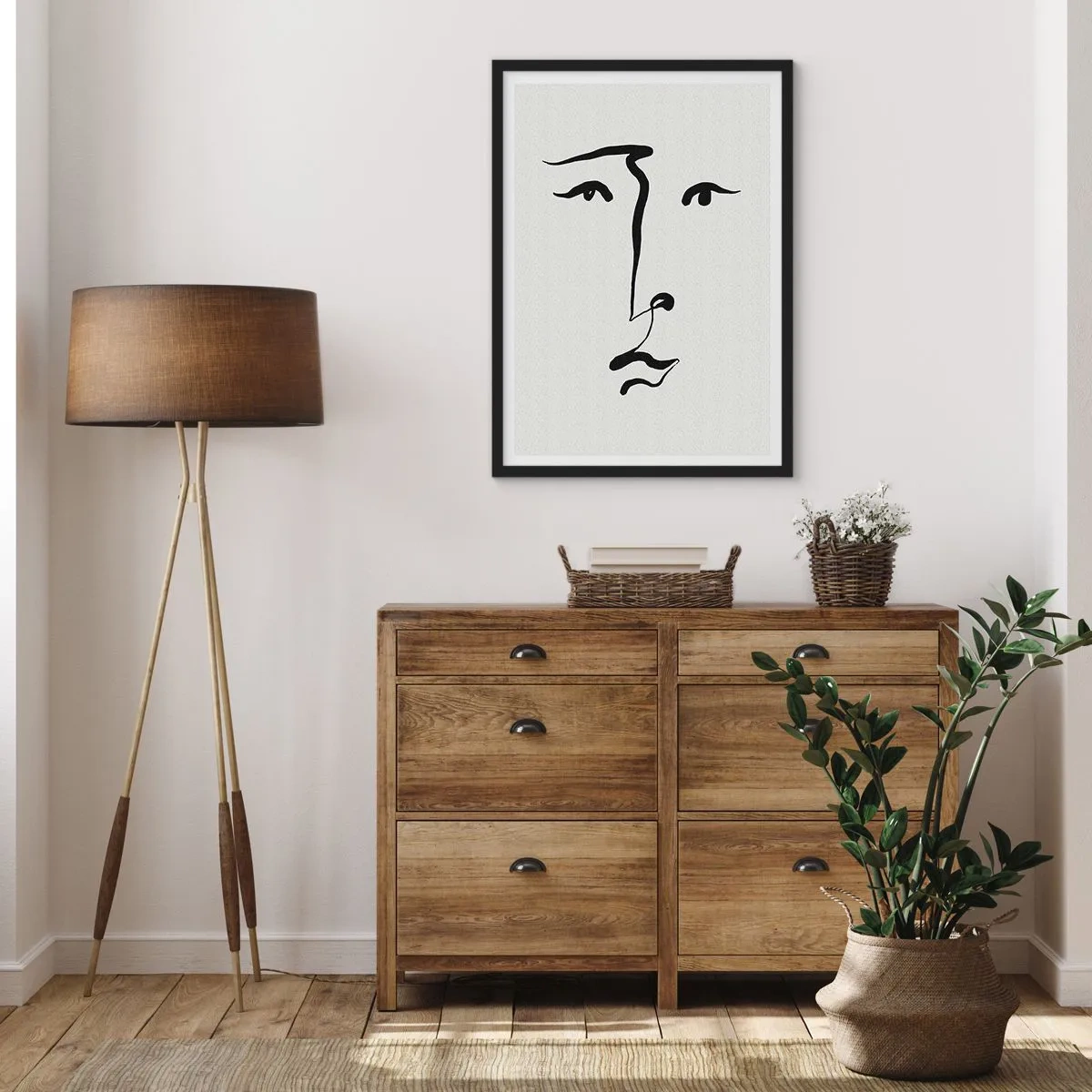 Affisch i svart ram - Minimalistisk ansiktsillustration i ett penseldrag - 50x70cm - Porträtt med ett streck - Modern väggdekoration för vardagsrum och sovrum ARTTOR