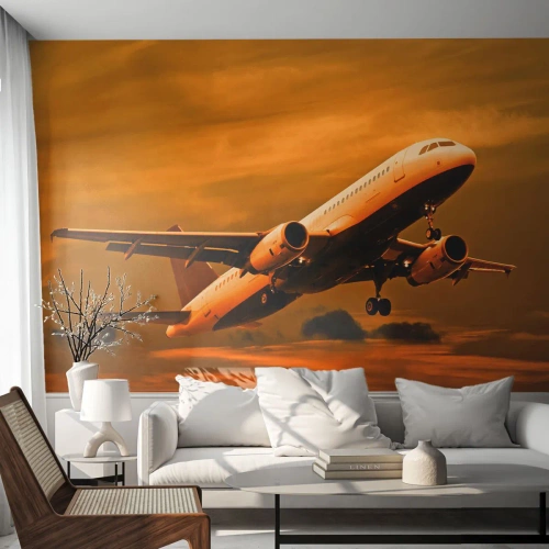 Fototapet Premium Sand - Flyga mot solen - Plan, Resa, Solnedgång - 150x105 cm