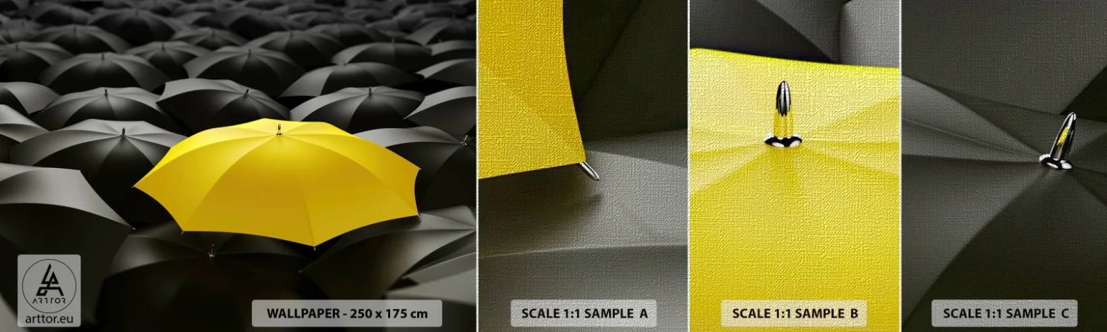 Provbit av fototapet Premium Canvas - Farväl sorgen - Gula paraplyer, Grafik, Begrepp - 100x30 cm