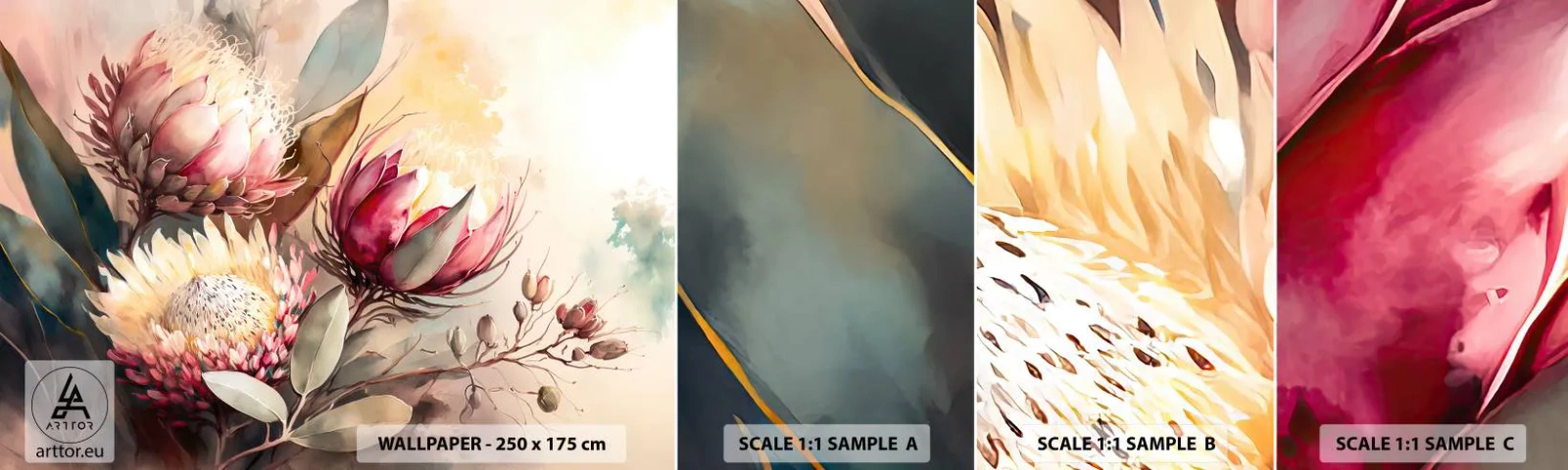 Provbit av självhäftande fototapet Deluxe Sticker - Från profil och en face - Blommor, Art déco, Botanik - 100x30 cm