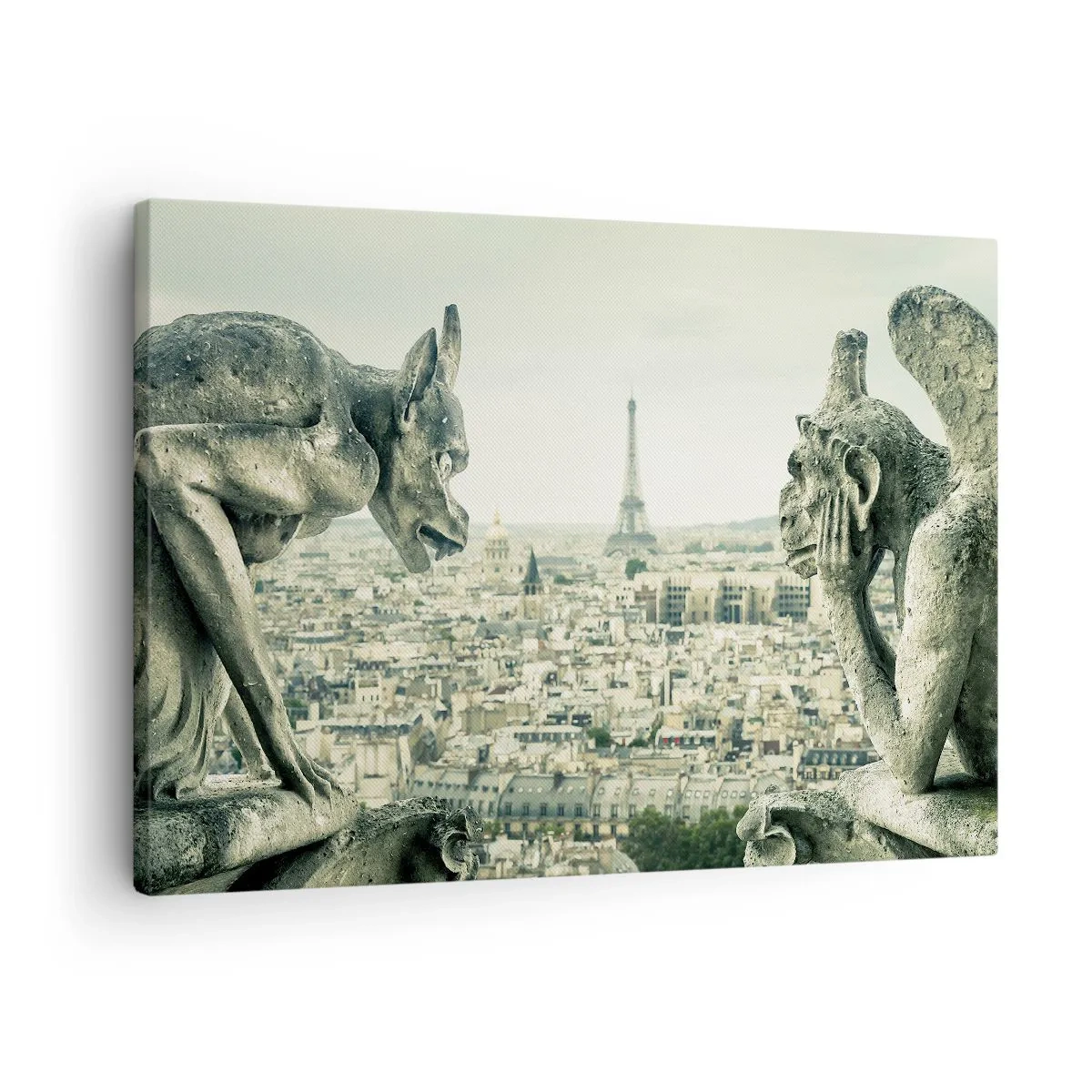 Canvastavla - Bild på duk - Gargoyler med utsikt över Paris silhuett och Eiffeltornet - 70x50cm - Ett samtal i Paris - Modern väggdekoration för vardagsrum och sovrum ARTTOR