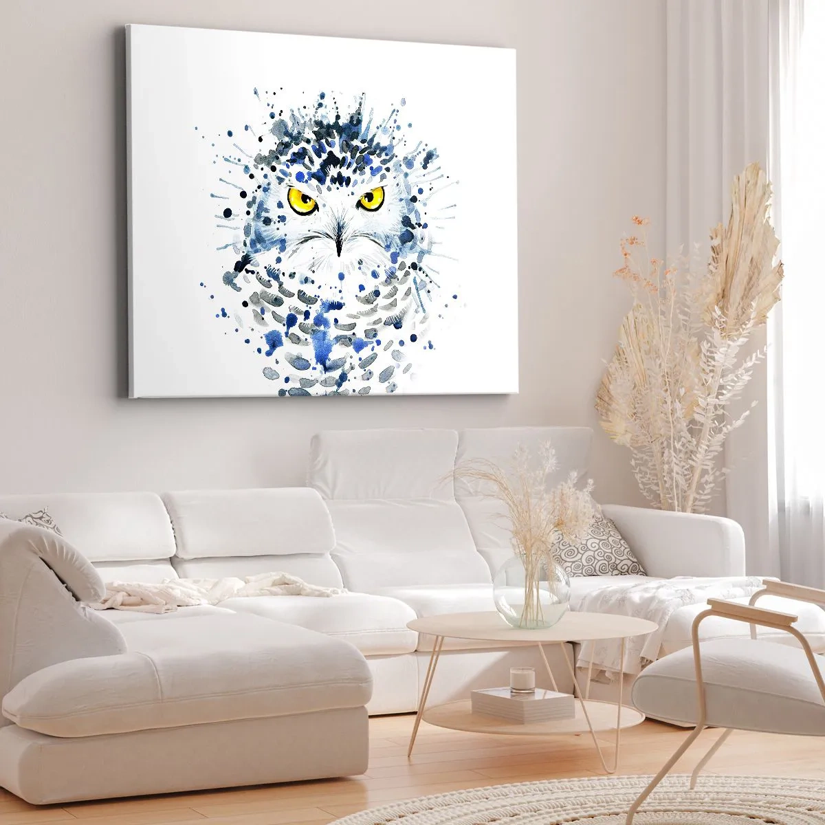 Canvastavla - Bild på duk - Abstrakt porträtt av en uggla i blå och gula färger - 70x50cm - Rakt in i ögonen - Modern väggdekoration för vardagsrum och sovrum ARTTOR