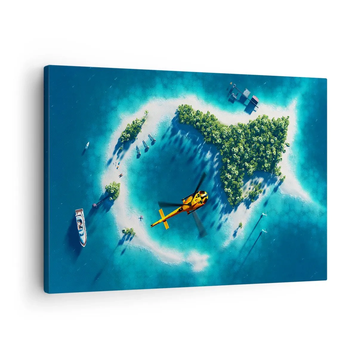 Canvastavla - Bild på duk - En tropisk ö omgiven av turkost vatten med en helikopter i sikte - 70x50cm - Köp dig en ö - Modern väggdekoration för vardagsrum och sovrum ARTTOR