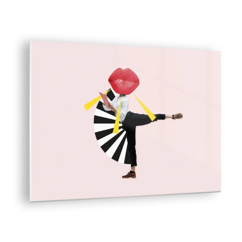 Glastavla - Bild på glas - En surrealistisk popkonstkomposition med en karaktär med stor mun mot en rosa bakgrund. - 70x50cm - Surrealistisk pop-art - Modern väggdekoration för vardagsrum och sovrum ARTTOR