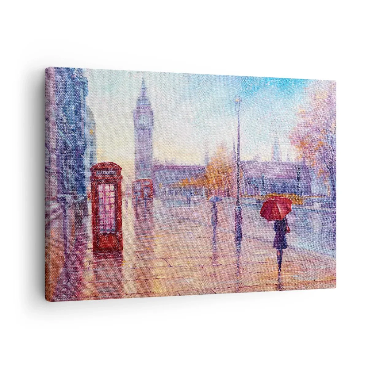 Canvastavla - Bild på duk - Londongatan med Big Ben på en regnig dag - 70x50cm - Höstdag i London - Modern väggdekoration för vardagsrum och sovrum ARTTOR